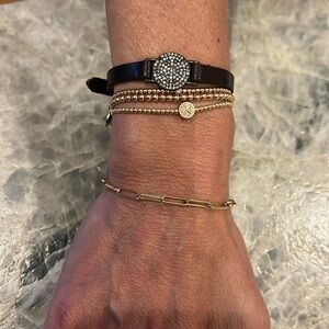 Rebel Designs Pave Round Disc Skinny Leather Bracelet